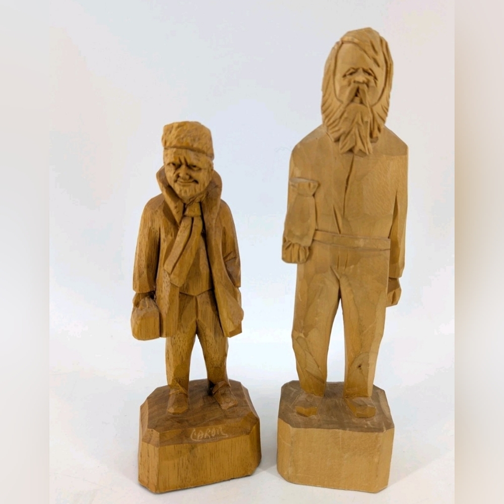 Vintage Signed CARON Hand Carved Wood Men Sculptures Quebec Canada Folk Art